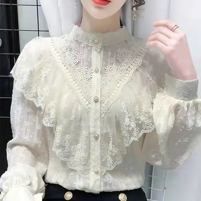 Korean Women Embroidery Blouse Stand Collar Long Sleeves Short Open Stitch Lace Shirt Office Lady Mesh Patchwork Top T779