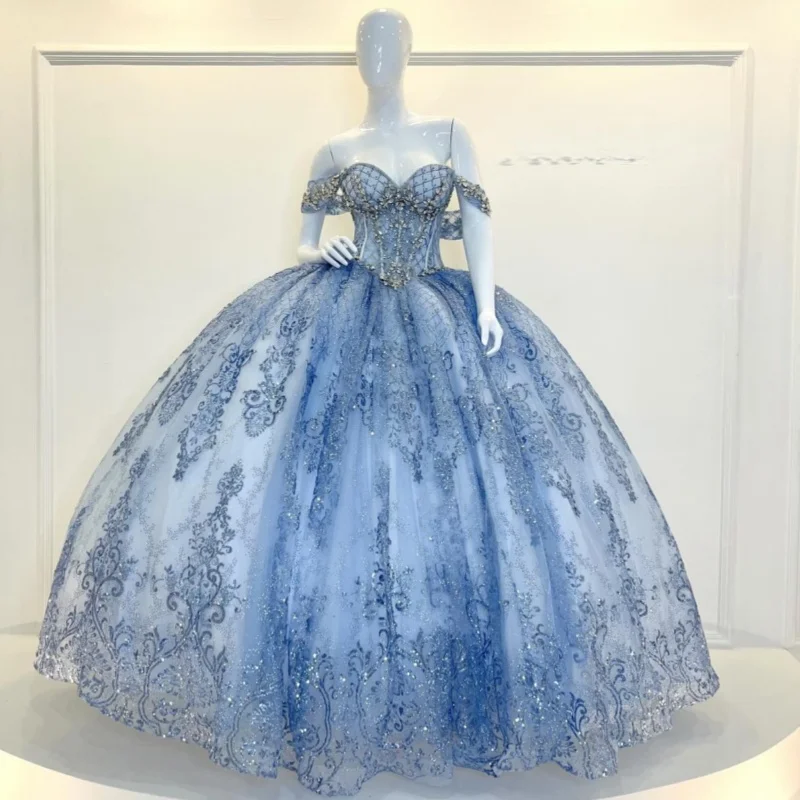 

Shiny Blue Quinceanera Dresses Off the Shoulder Glitter Crystal Decal Long tail Bow Vestidoe 15 Quinceanera Customize