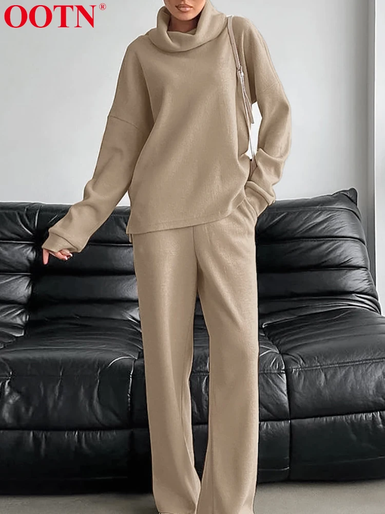 OOTN Knitted Women Suits Two Piece Sets Khaki Long Sleeve Tops Loose Female Pants 2024 Autumn Casual Set Fashion Streetwear