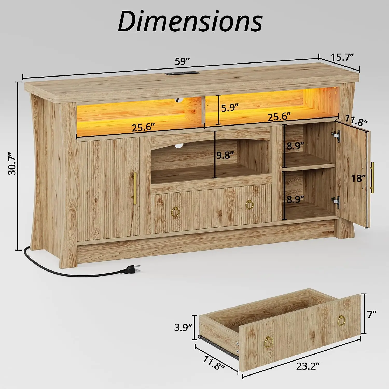 TV Stand 65 Inch Entertainment Center Power Outlet Storage Cabinet Drawer LED Remote APP Control Cable Management MDF Easy Setup