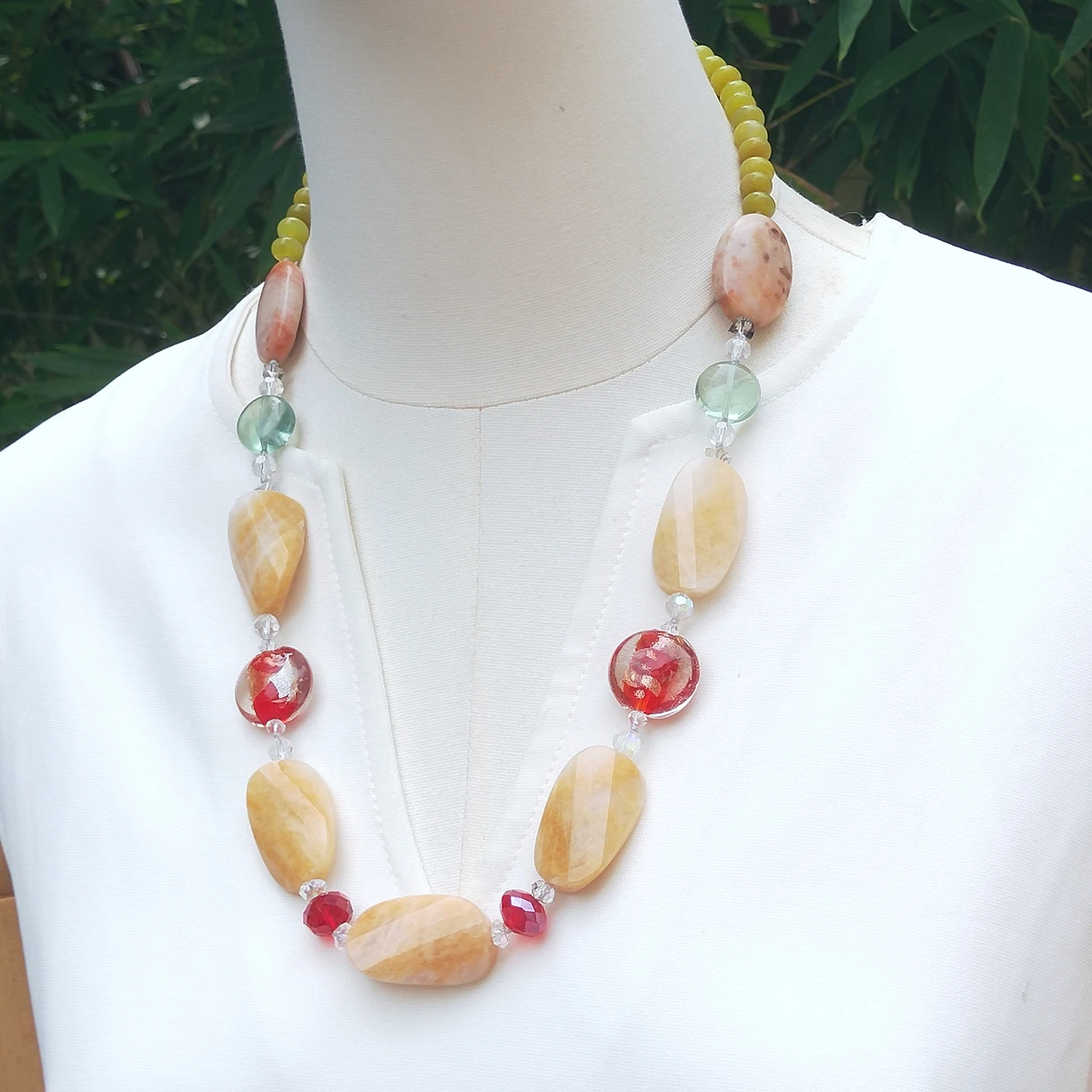 Lii Ji Real Stone Yellow Jade Lemon Jade Fluorite Glaze Crystal Necklace 64cm Stock Sale Women Jewelry Gift