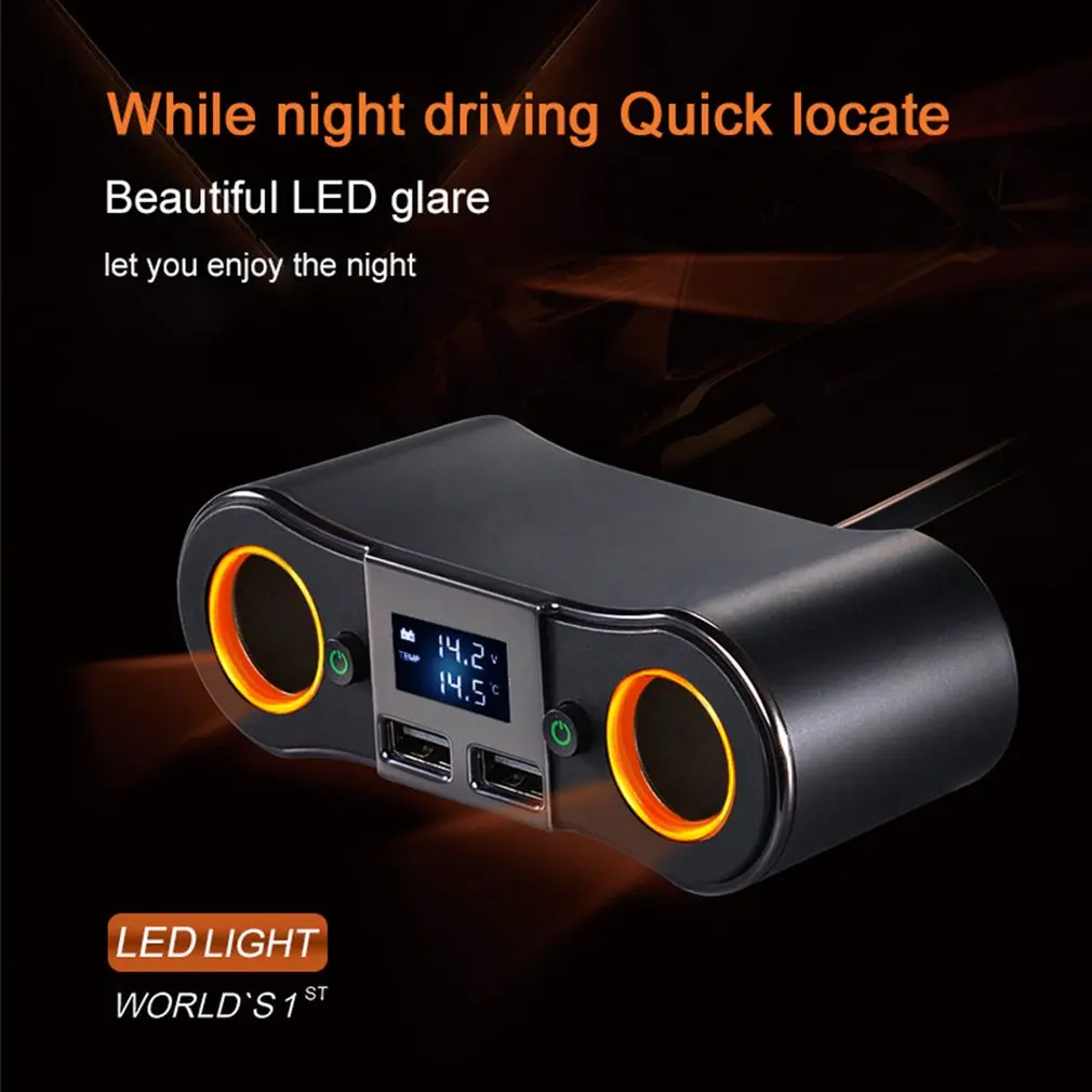 12V DC Car Cigarette Lighter Adapter 2 Way Double Plug Socket Dual USB LCD Car Charger Splitter Voltage Monitor Dropshipping