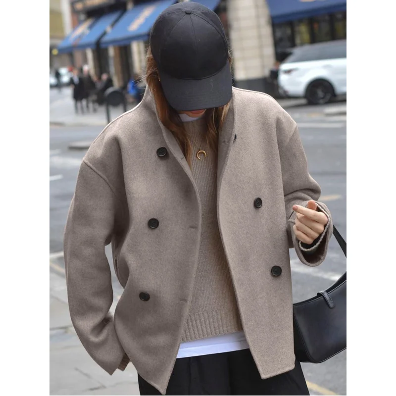 2024 Autumn/Winter New elegant fashion retro Brown Stand Up Collar Coat Women\'swarm coat solid color