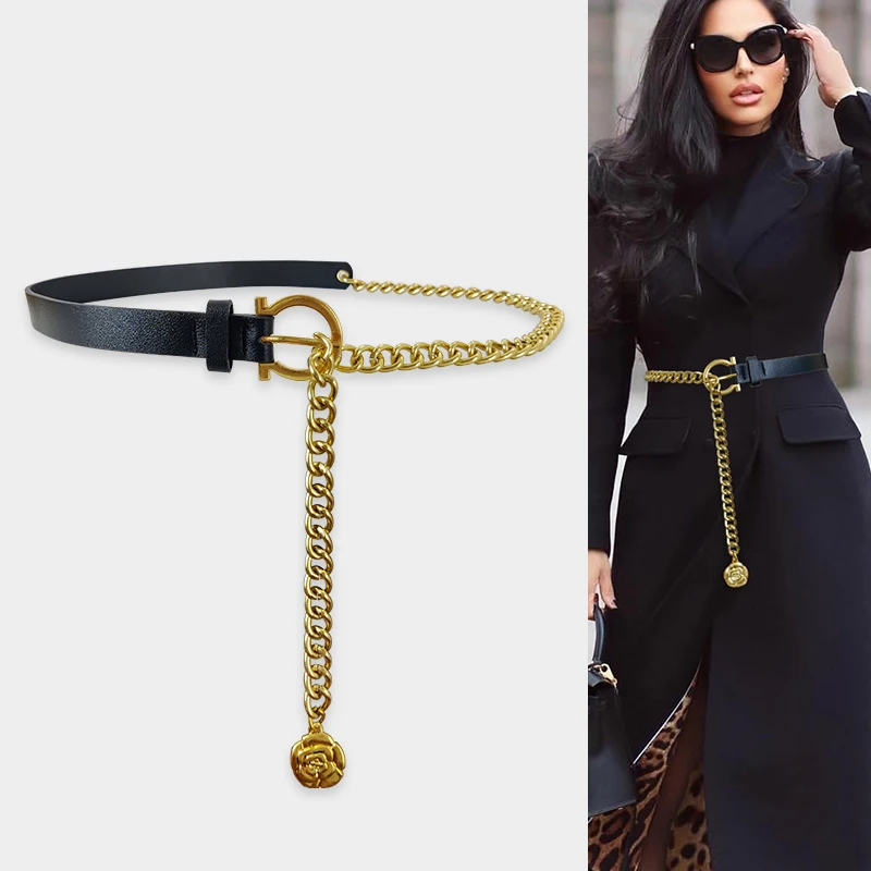 Gold Chain Belt Female Waist Punk Metal Waistband Long Designer Belts For Women High Quality Coat Dress Corset Flower Coin