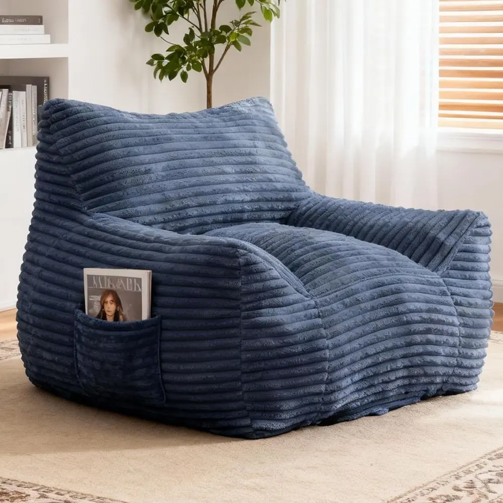 Giant Corduroy Bean Bag Sofa with Side Pocket, Comfortable for Adults and Kids, Ideal for Living Rooms, Dorms, and Bedrooms, Blu
