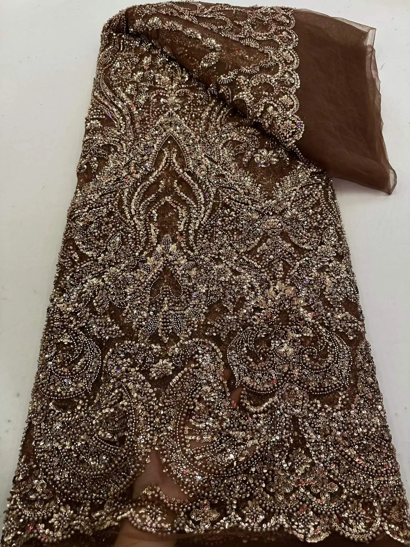 

Brown Elegant Handmade Beads Embroidery French Tulle Lace Fabric For Party Nigerian Luxury Sequines Lace Fabric Wedding
