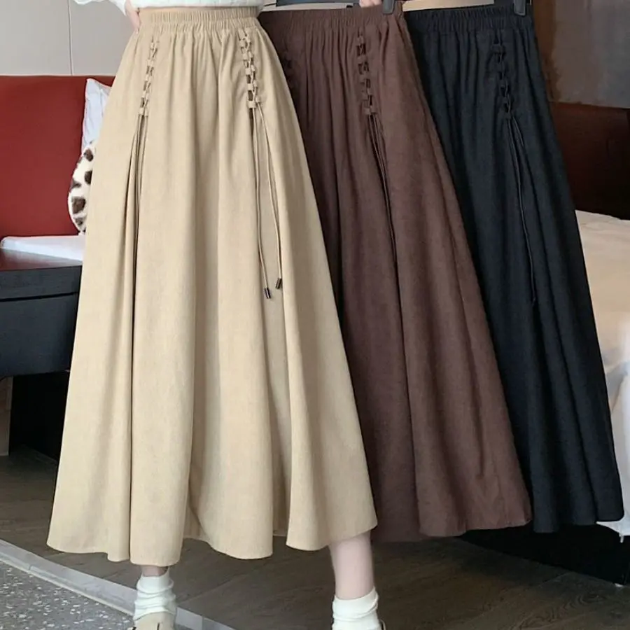 Plus Size Women Corduroy Midi Skirt Autumn Winter High Waist A Line Swing Skirt Solid Color Coffee Long Flowy Big Hem Casual