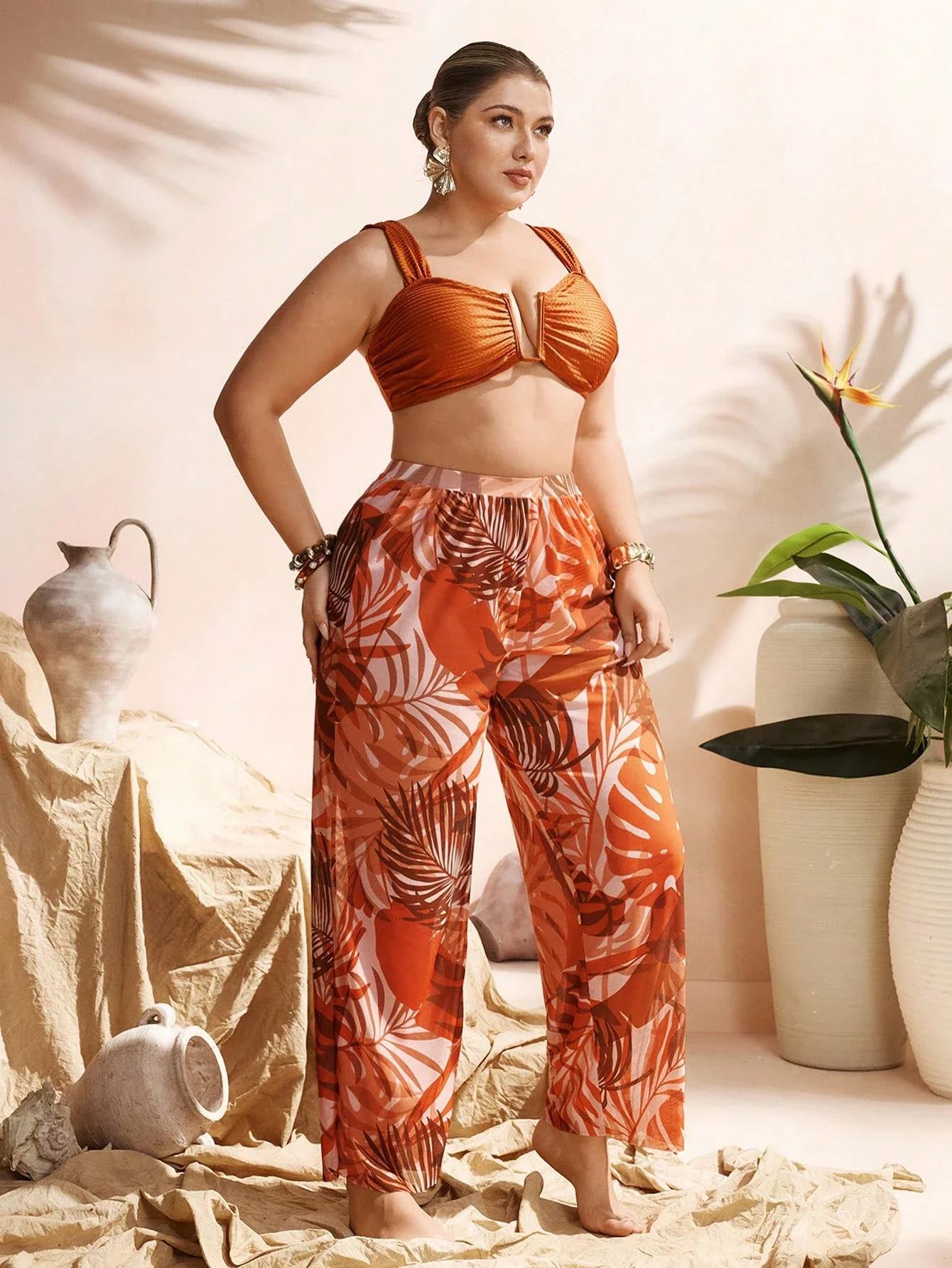 

Plus Size Retro Caramel Tankini Swimwear Women U-Neck Bikini Top Printed Cover-Up Shorts