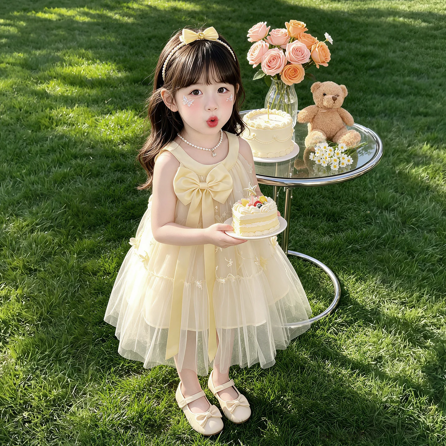 Girls 2026 Summer Fashion New Bow Princess Childrens Party Performance Dress Sweet and Stylish Dress Trendy Versatile 5