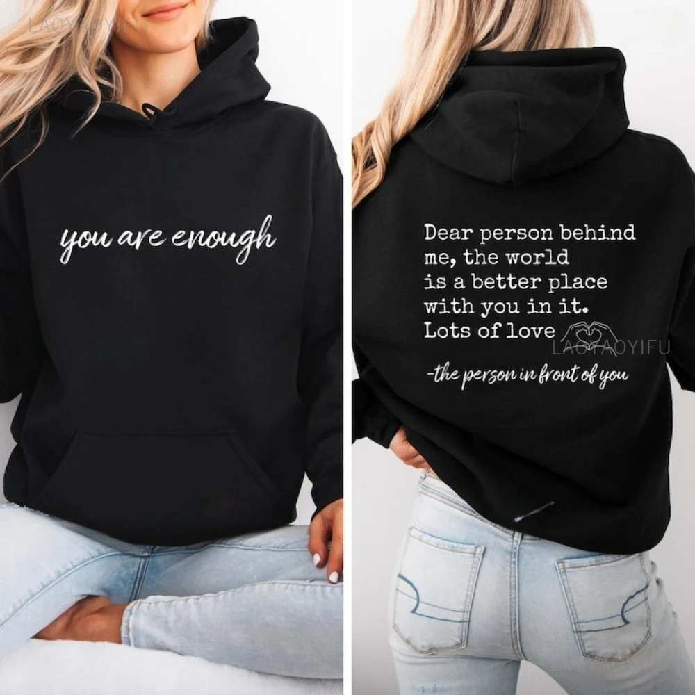Du bist genug, lieber Mensch hinter mir, beidseitiger Hoodie, Hoodie mit Positivität auf Vorder- und Rückseite, Sweatshirt zur Suizidprävention – Detail 13