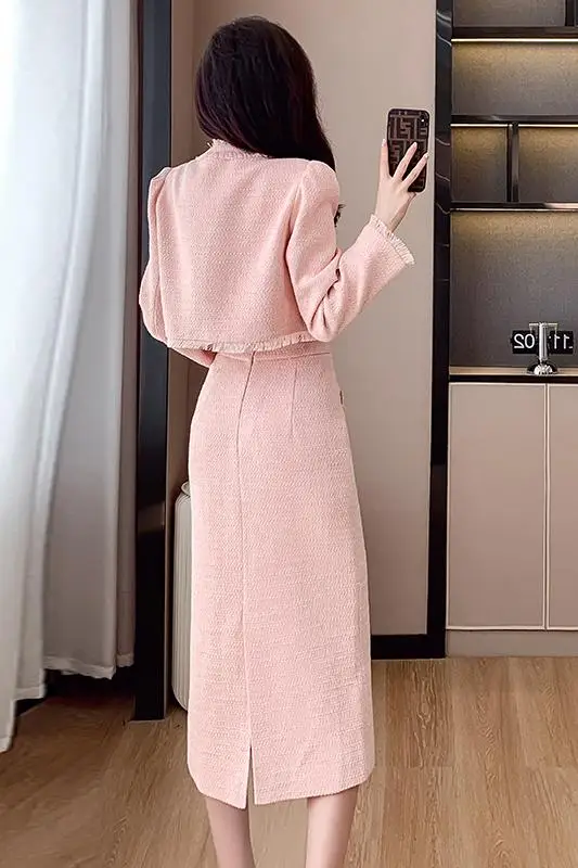 Woman\'s Autumn Smail Fragrance Style Short Tweed Suit Jacket Skirt  Retro Fringed Round Neck  Overskirt Two-piece Set