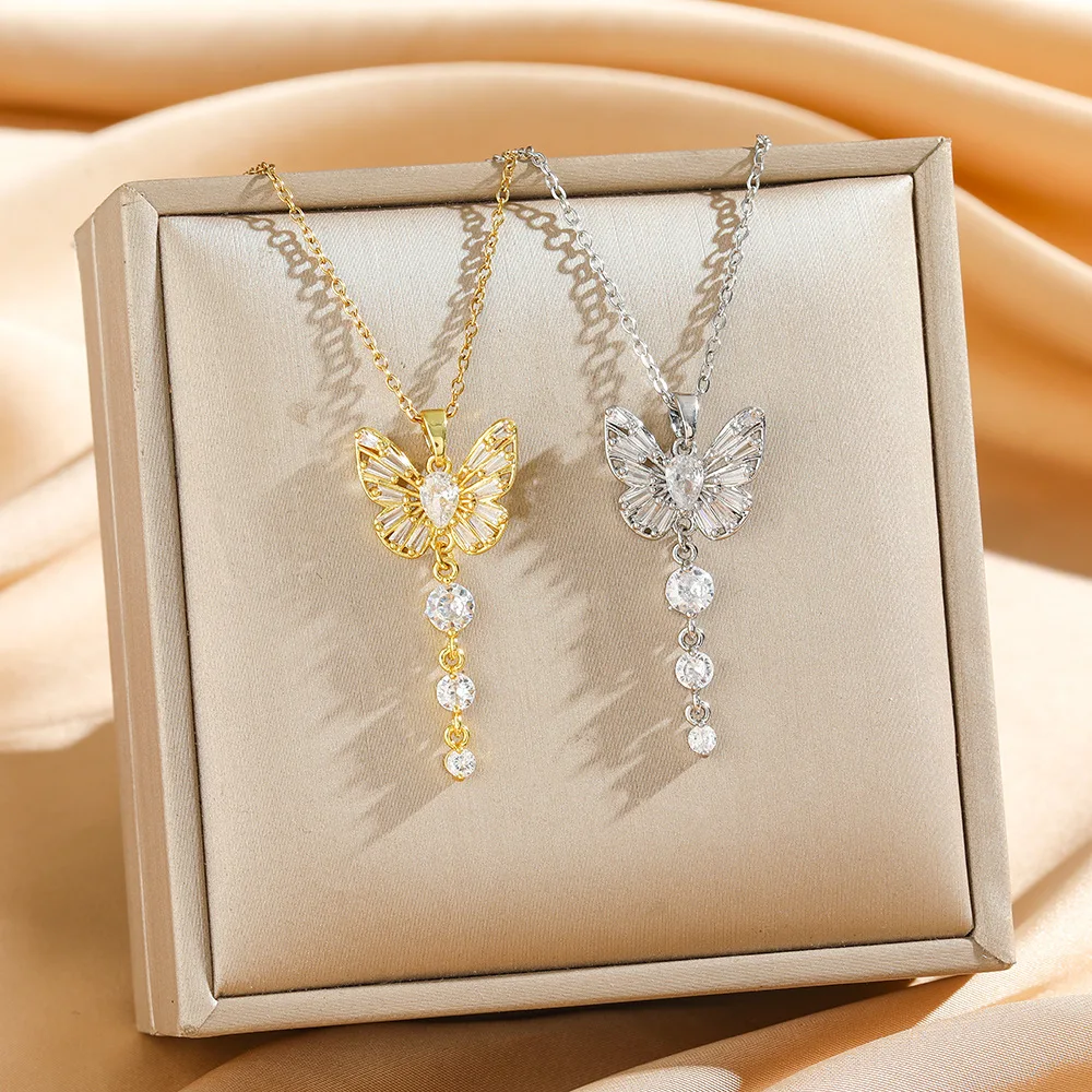 Fashion Elegant Gold Silver Color Butterfly Pendant with Tassel Design Necklace for Women Party Jewelry Gifts