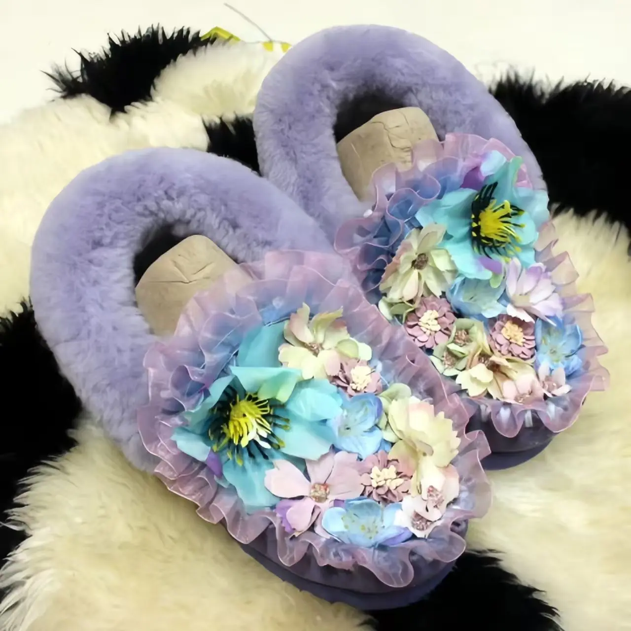 

Purple flower lace rhinestone snow boots, large-sized fur one-piece low-top thickened women's cotton shoes 34-40