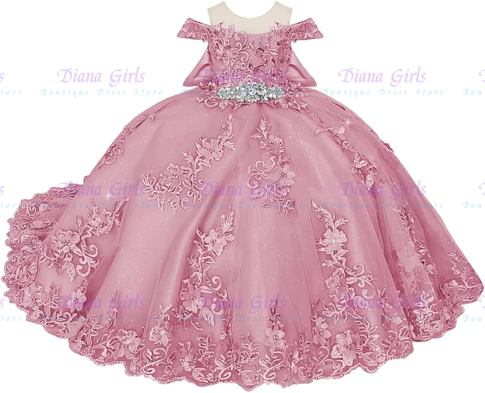 Luxurious Quality Boatneck Lace Flower Girl Dresses 3D Flower Ball Gown Dresses for Girls Pearly Crystal Girls Pageant Dress
