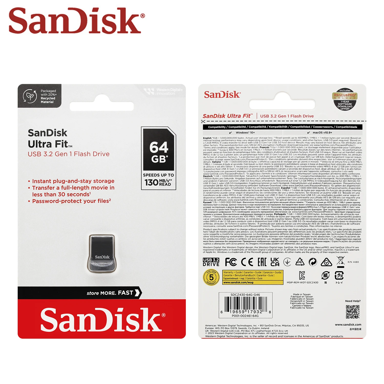 Original SanDisk Ultra Fit USB 3.2 Gen 1 Flash Drive 16GB 32GB 64GB CZ430 128GB 256GB 512GB Mini USB Disk Memory Stick For PC