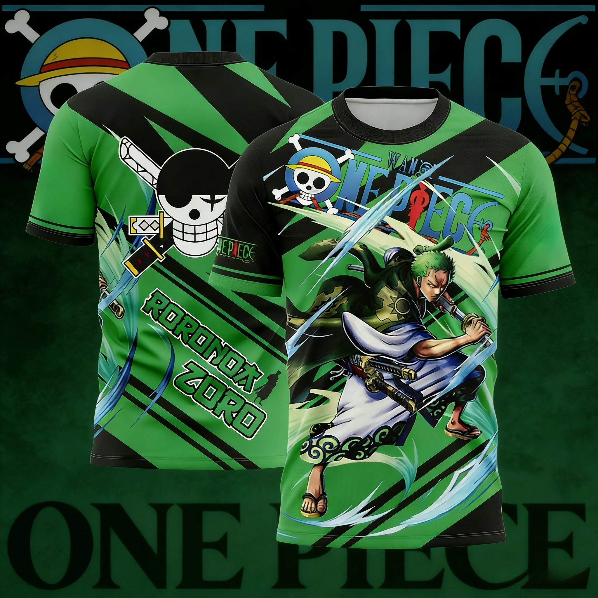 

2026 Summer One Piece Zoro Nautical Adventure 3D Print T-Shirt, Green Black Split Color Pirate Voyage Sports Tee for Anime Fans