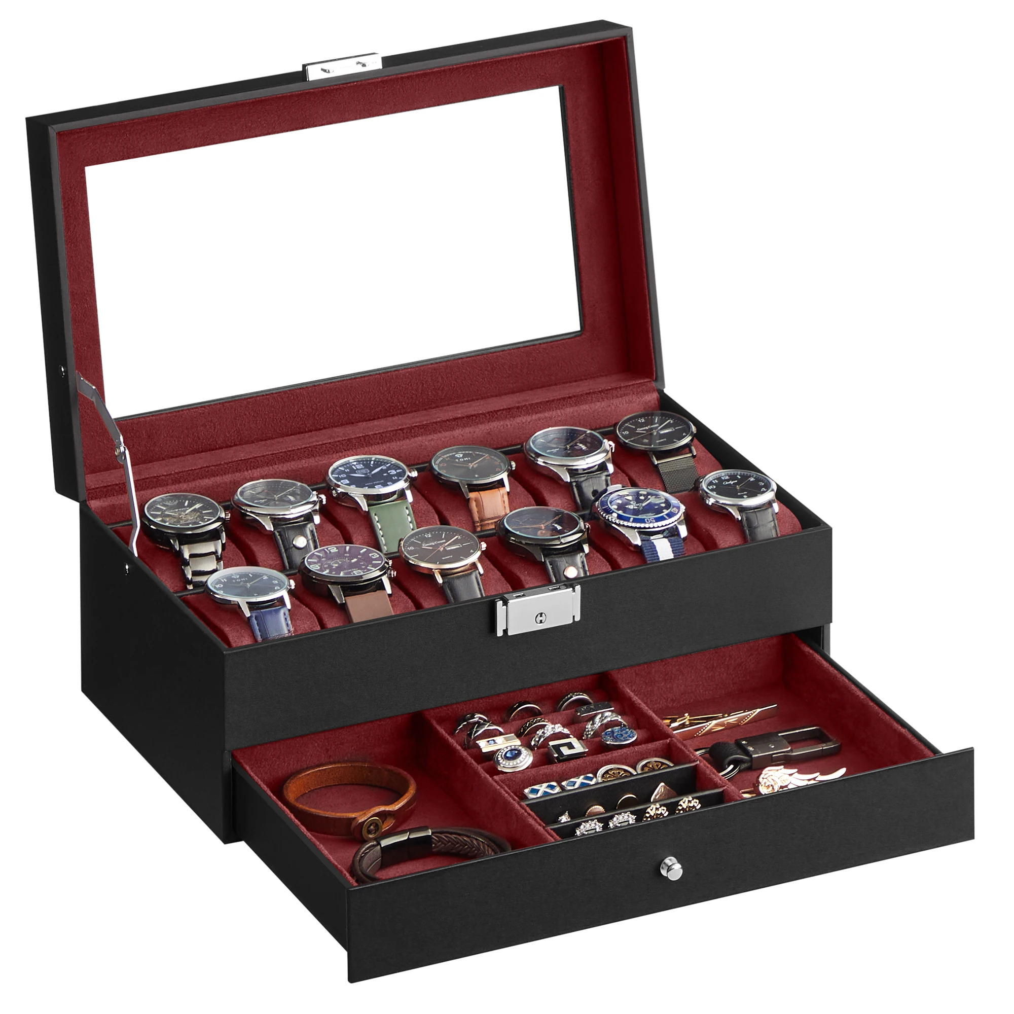 SONGMICS Lockable Watch Box 12-Slot with Glass Lid 2 Layers Watch Case with 1 Drawer for Rings And Bracelets Gift Idea