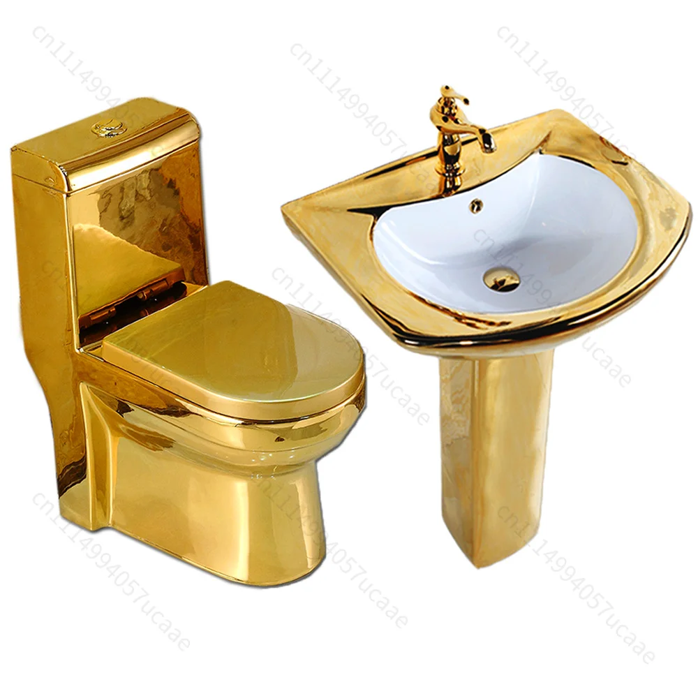 Design Royal Gold Color Wash Basin Sink Wc Bathroom Ceramic Toilet Bowl Set