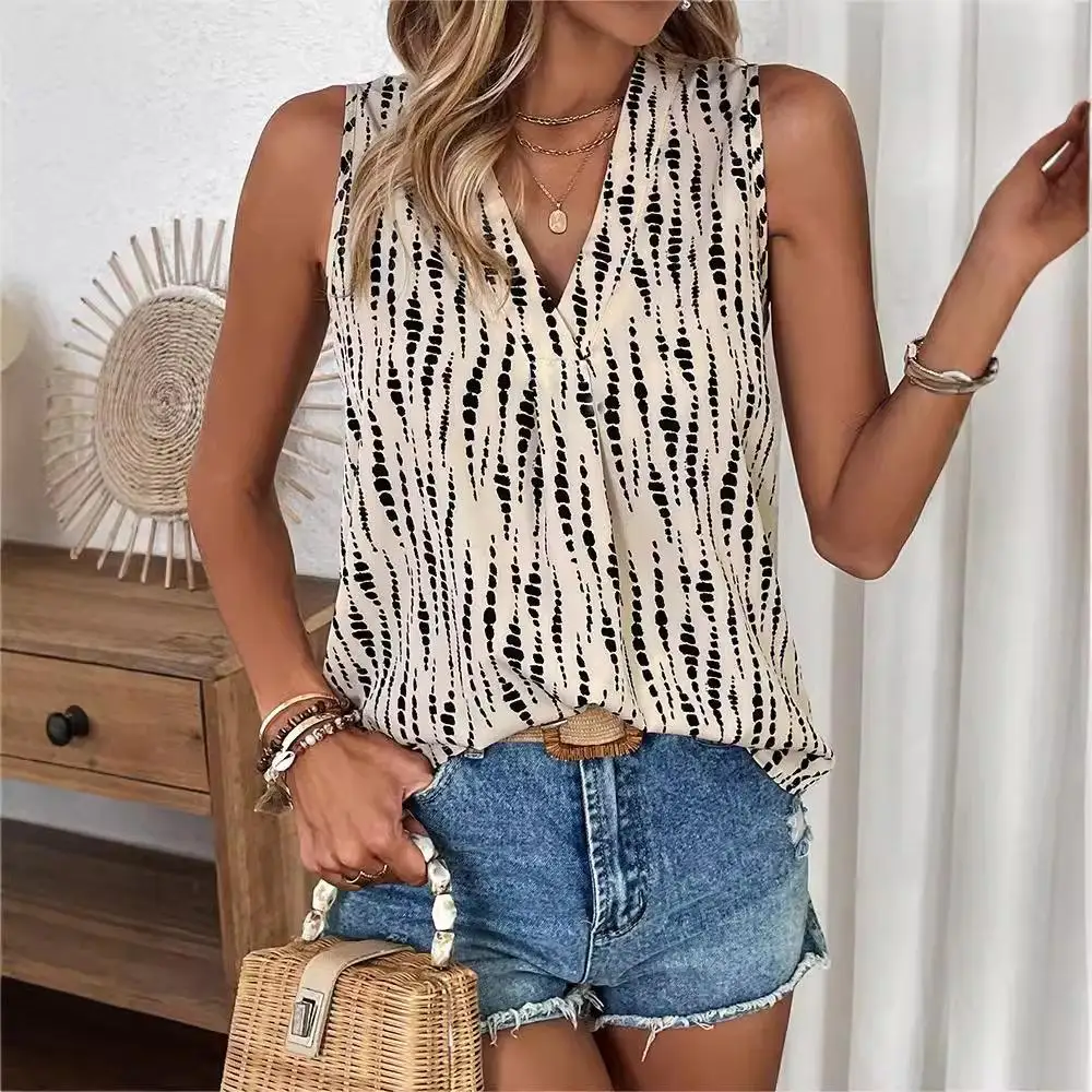 

Summer New V-Ne Printed irt Women's Top Vest Svel Mid-Length Other Material 00% Women's Faion Casual irt