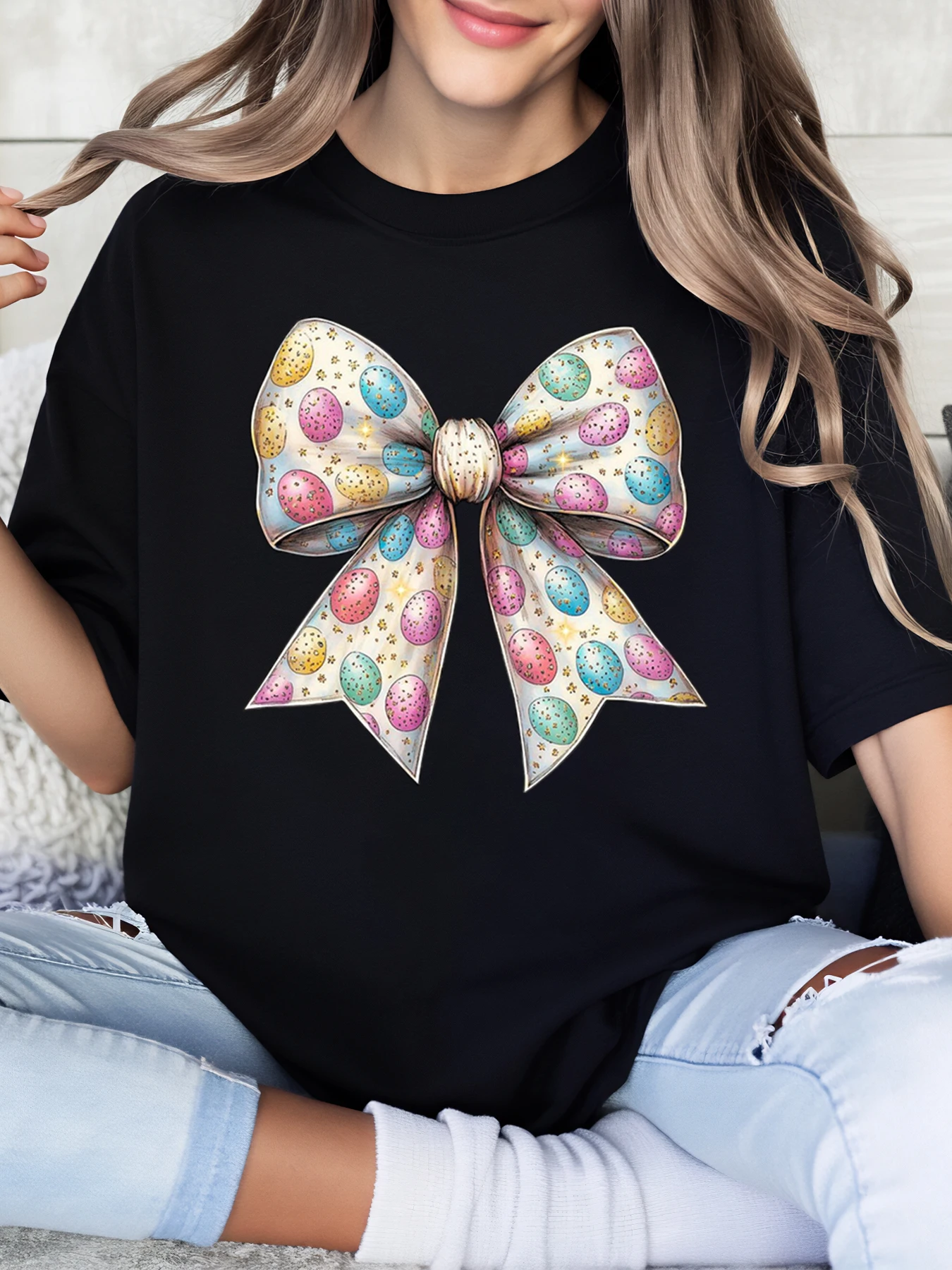 

Easter Egg Bow Print Easter T-Shirt Women Casual Wear Black Plus-Size