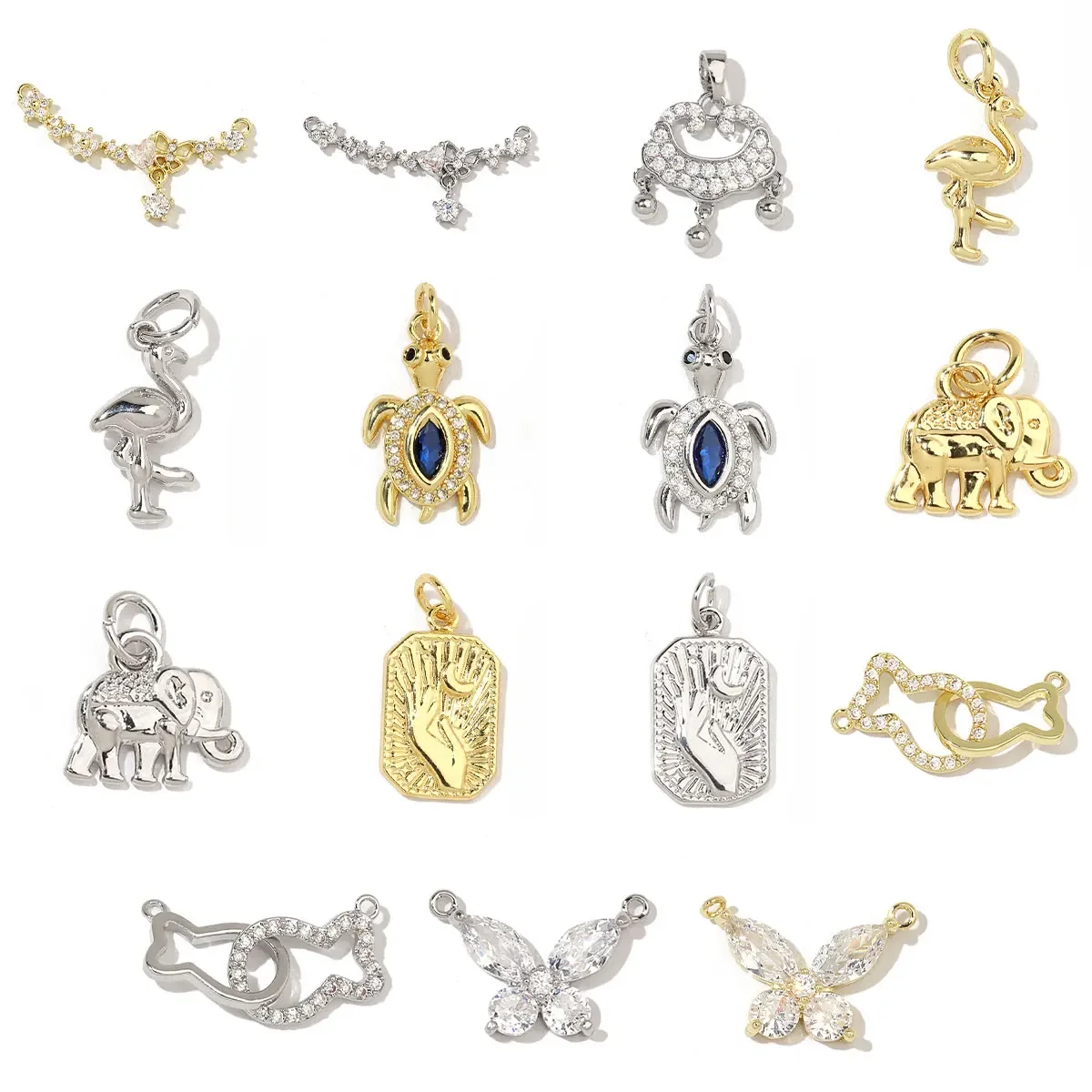 5Pcs/Lot 5A Cubic Zirconia Turtle Fish Charm Connector for Necklace Flamingo Elephant Zircon DIY Jewelry Pendant Wholesal