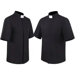 Short Sleeve Priest Black Shirt Missionary Role-playing Shirt Pastor Priest Cosplay Short Sleeved Black Costume