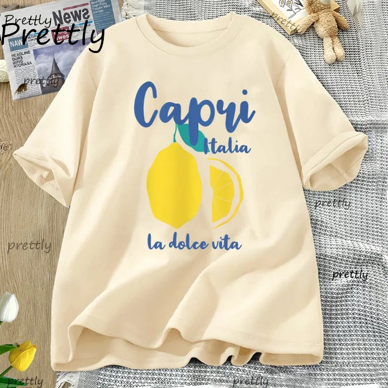 Capri Italy Lemon T Shirt La Dolce Vita Italian Girl T-Shirt Vintage Cotton Short Sleeve Womans Clothes Streetwear Clothing