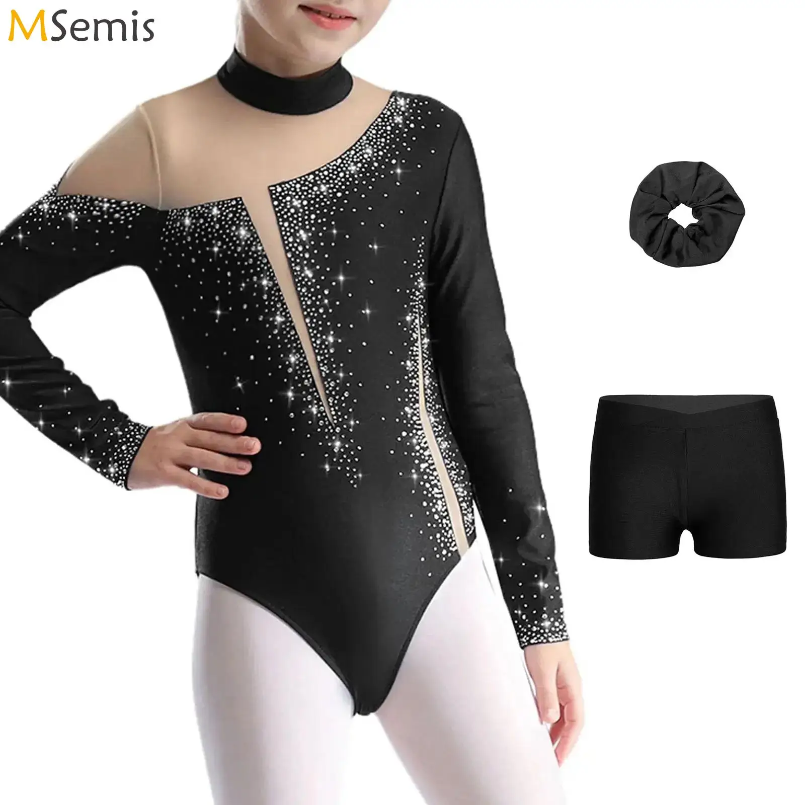Body per bambina in maglia da balletto Body con strass scintillanti Ginnastica ritmica Pattinaggio artistico Costume Performance Dancewear