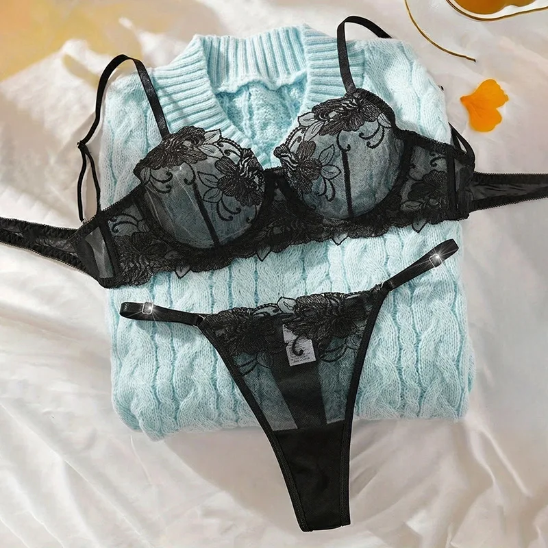Lace 2‑Pcs Lingerie Set Mesh Embroidered Underwire Bra Thong Women Sexy Intimates