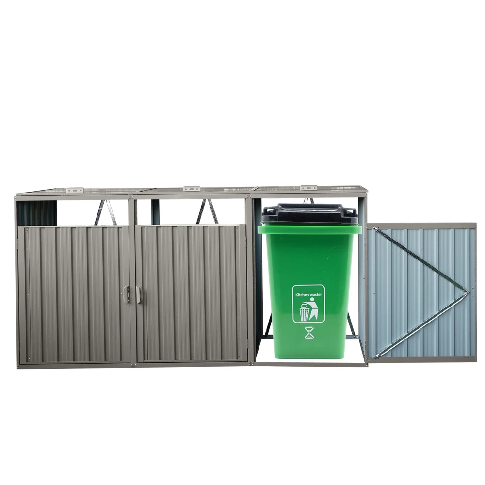 Garbage Bin Shed Stores 3 Trash Cans Metal Outdoor Bin Shed for Garbage Storage,Stainless Galvanized Steel, Bin Shed for Garden