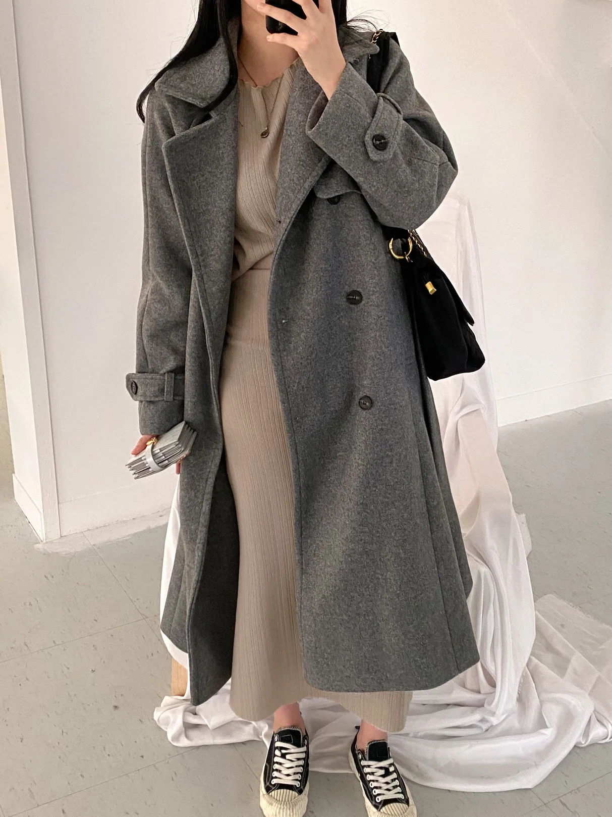 Retro Chic Woolen Coat Long Sleeve Double Breasted Loose Fit mid Length Collar Coat for Women Autumn Winter Spring Fashion