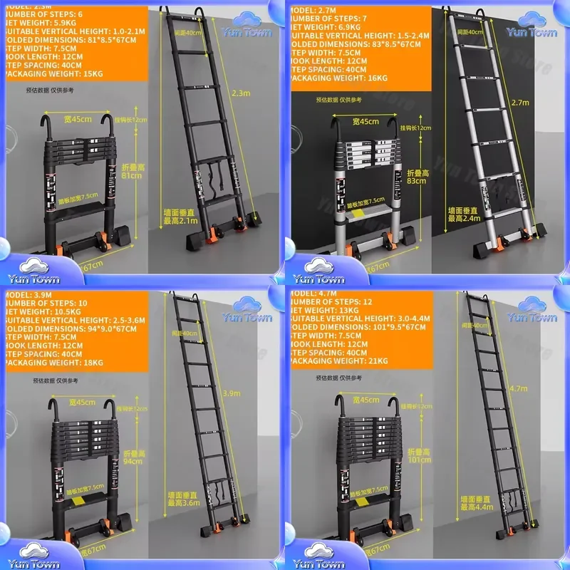 Heavy-Duty Telescopic Ladder for Roof Access 2.3M 4.7M 12-Step Aluminum Extension Ladder with Hooks Platform Multi-Purpose