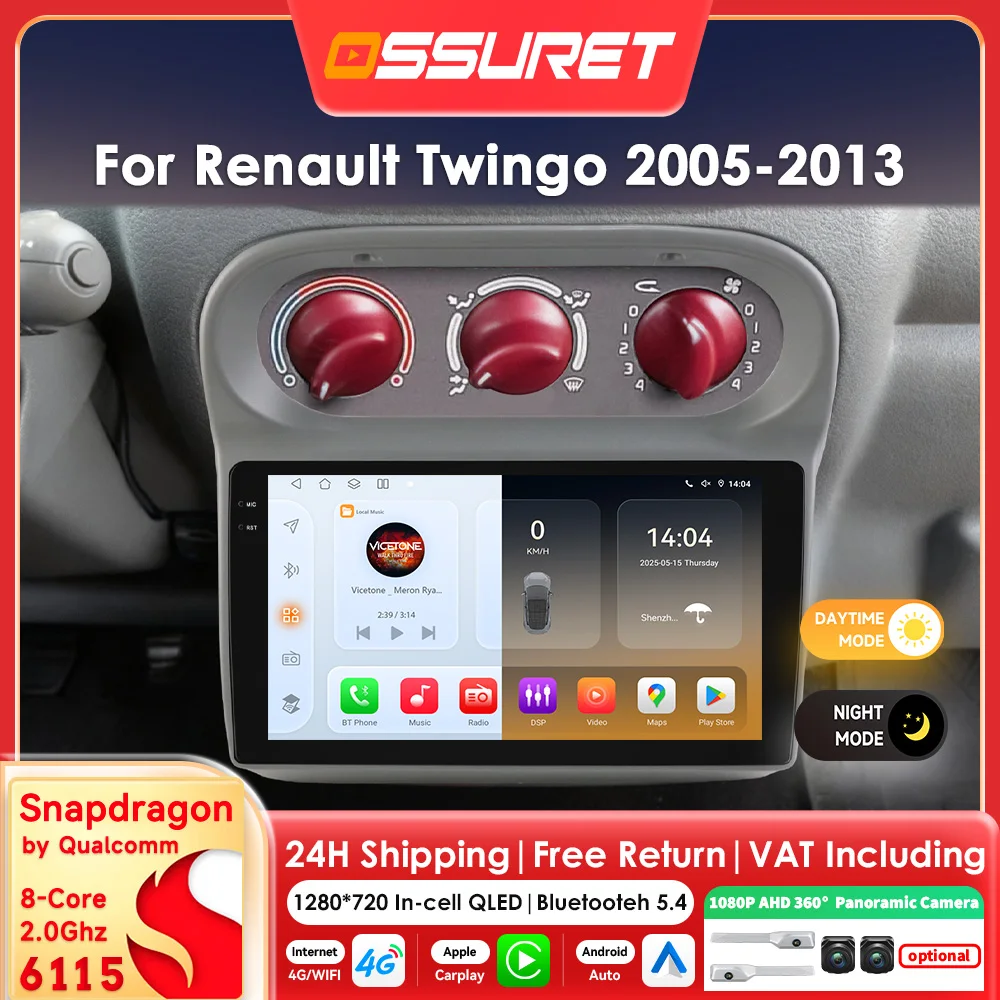 9"2DIN Carplay Android 14 Autoradio für Renault Twingo 2005 -2013 Multimedia durch Snapdragon GPS Stereo 360 Cam Intelligent Srceen