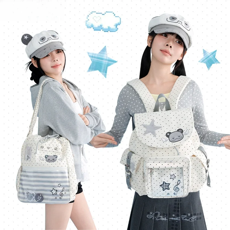 Polka Dot & Striped Ita Tote Bag, Clear Window Shoulder Bag with Cute Bear Embroidery, Kawaii Casual Crossbody for Pin & Doll