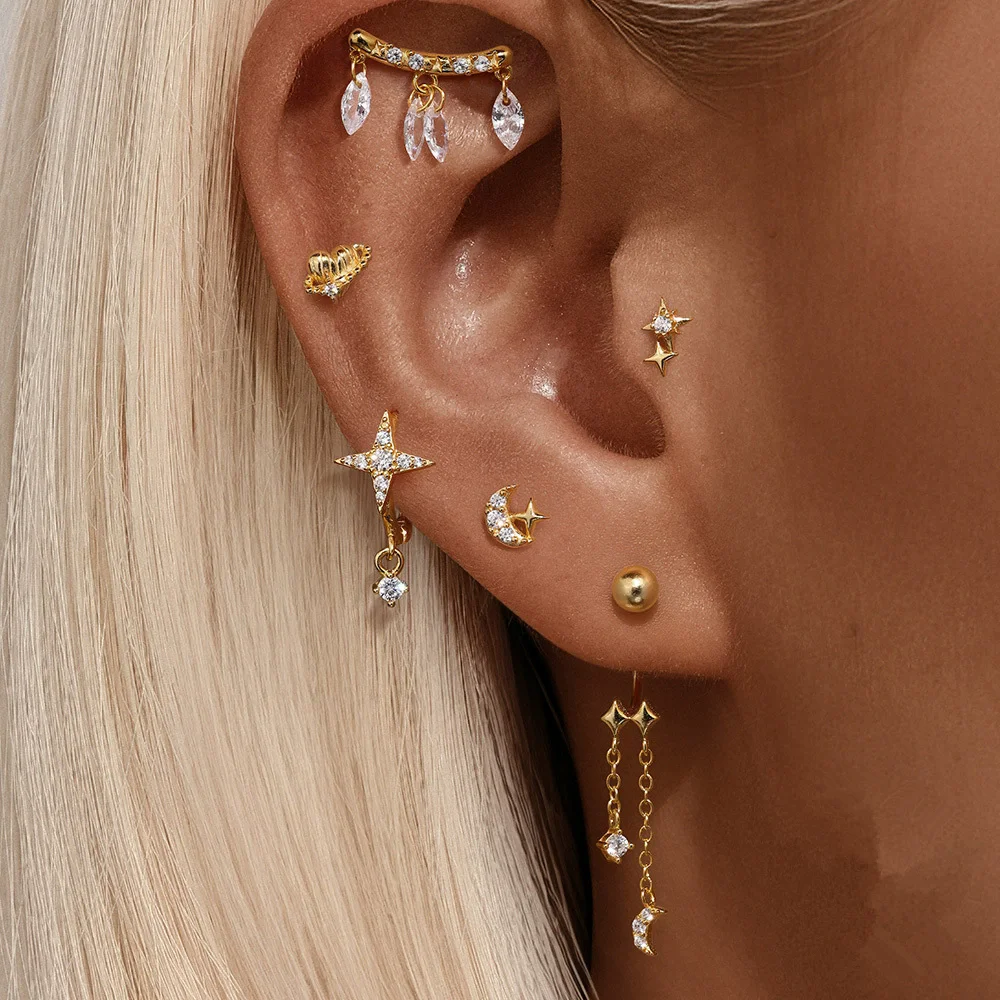 

S925 sterling silver women's earrings gold-plated zircon star tassel trendy fashion jewelry party accessories