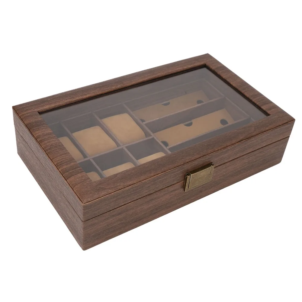 Wood Grain Watch Storage Box Transparent Glass Lid Multi Slot Jewelry Organizer Box Metal Latch Soft Inner Lining