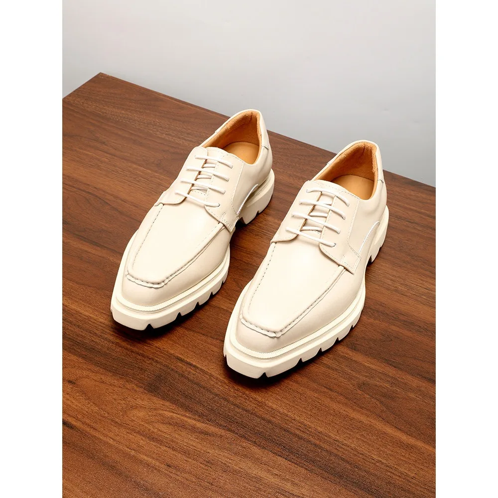Genuine Leather Mens White Thick Sole Derby Shoes Summer Breathable Business Casual Square Toe Versatile Mens Shoes