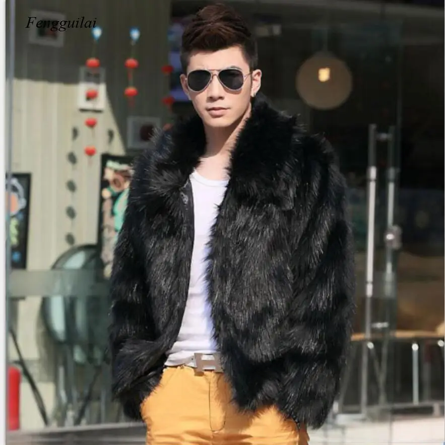 Homme Jacket Faux Leather Men White Black Fashion Coat Fur Fox Fur Lapel Men\'s Casual Slim Coat Jaqueta Motoqueiro