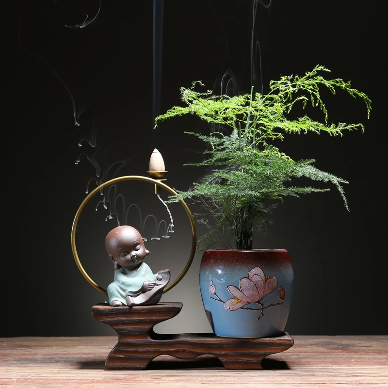 little monk tea pet ornaments Zen backflow incense table green plant bonsai Kung Fu set accessories