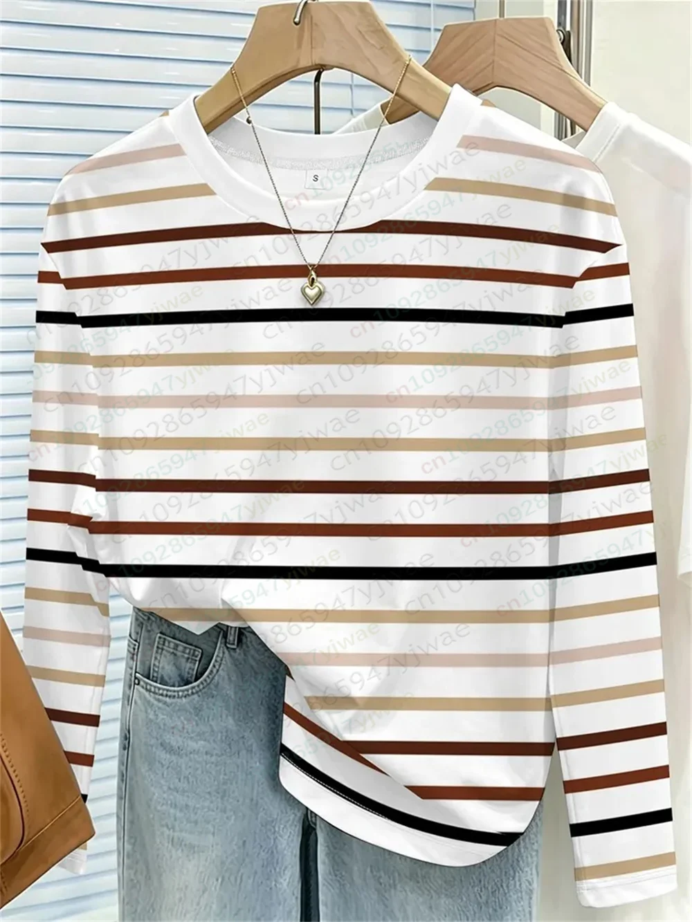 Herbstliches Damen-T-Shirt mit Herzmuster und Schleife, gestreift, lässig, langärmelig, Rundhalsausschnitt, locker geschnitten, atmungsaktiv, hochwertiges, vielseitiges T-Shirt – Detail 12