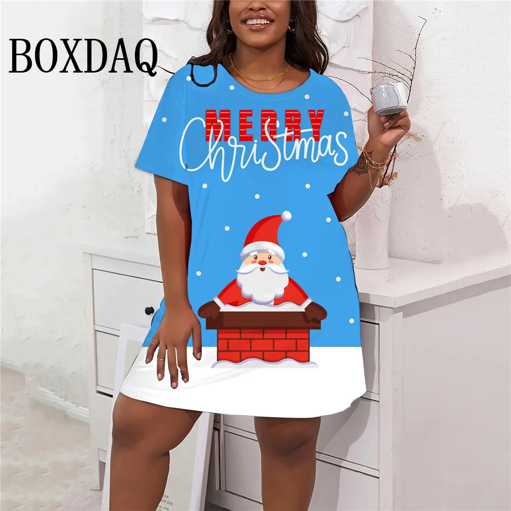 Vestido de Natal feminino de manga curta estampado em 3D, bonito desenho animado, vestido solto, plus size, casual roupas grandes, 9XL, novo, 2024