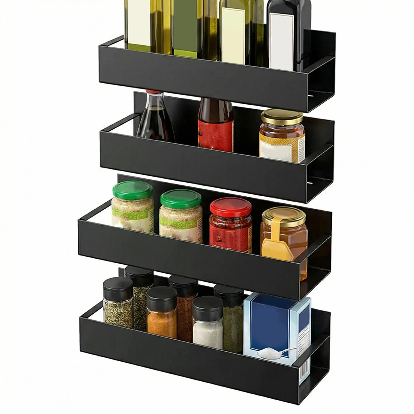 

Набор из 4 черных органайзеров для холодильника, металлические полки с сильными магнитами, экономящие место, легко устанавливаются, подходят для холодильника, кухни, ванной комнаты.