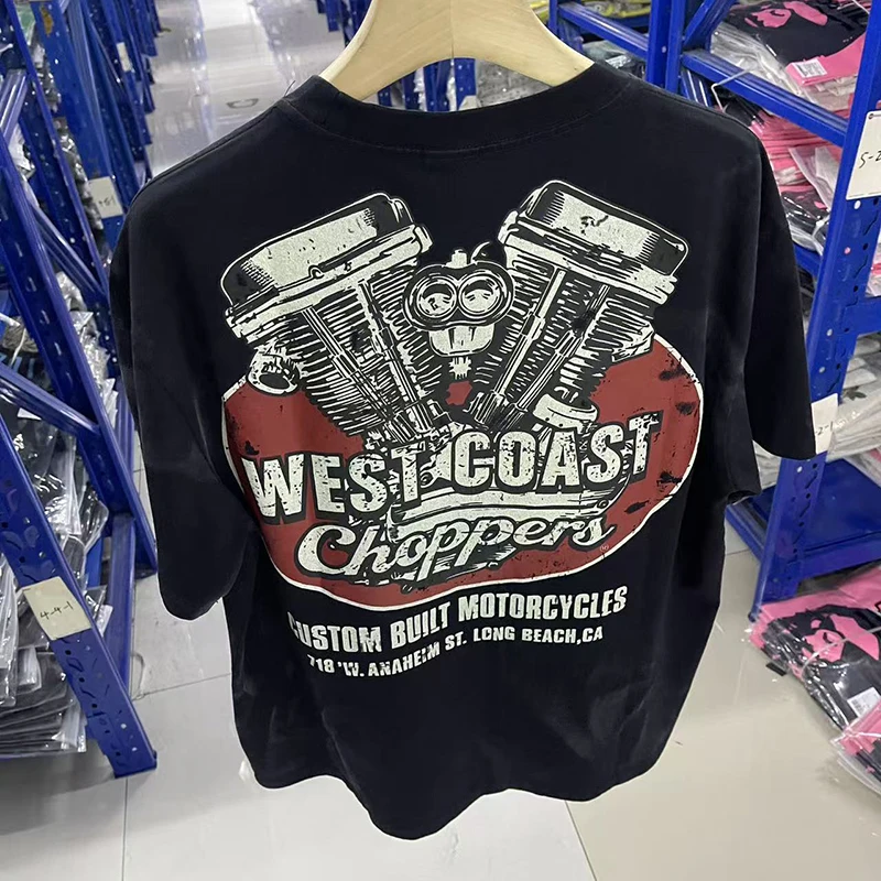 Washed WEST COAST Choppers Shorts T-shirt Classic Motorcycle Engine Letter Print Loose Top Men's Street Hip-hop Style Tee