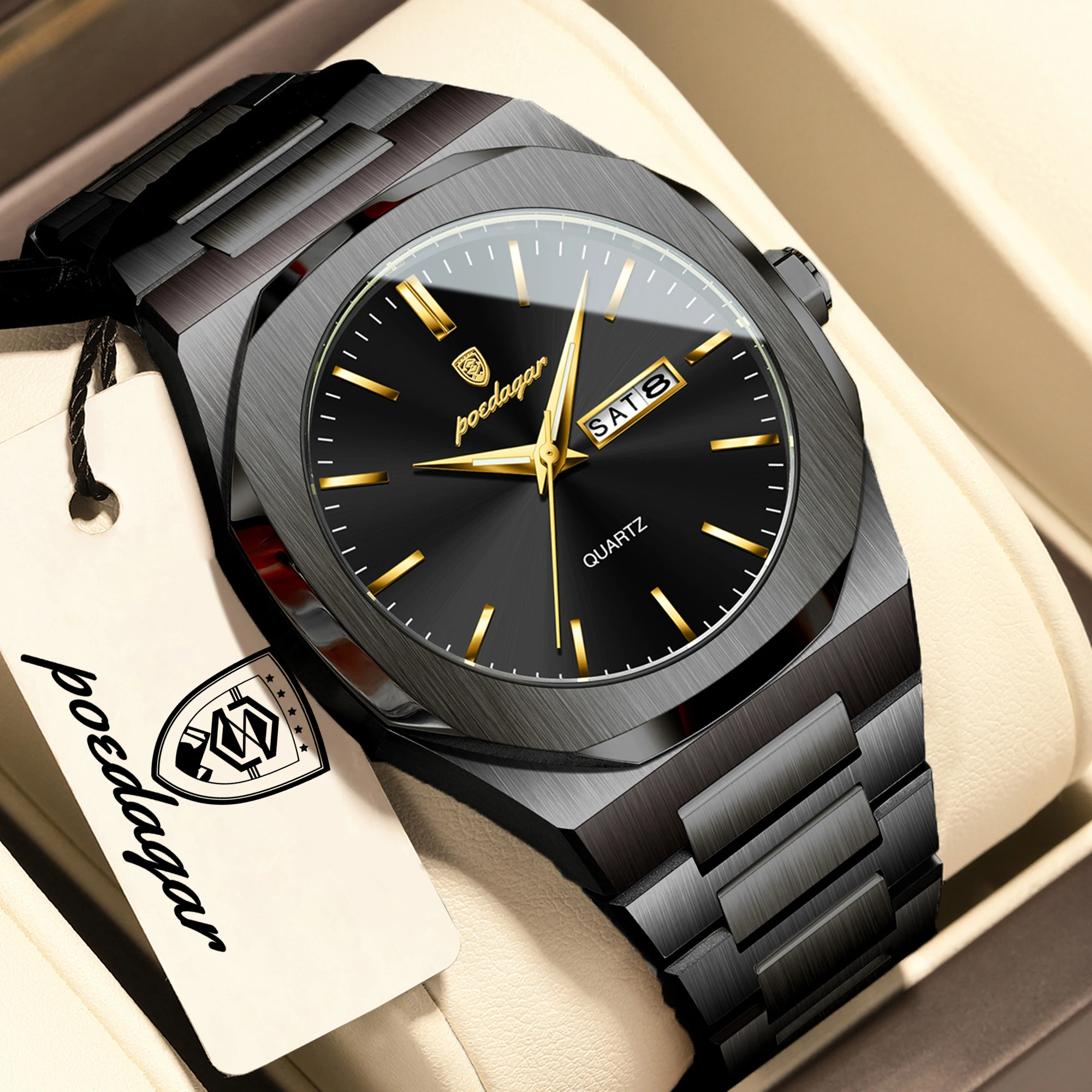 POEDAGAR Luxury Fashion Men Watch Stainless Steel Quartz Business Watches For Man Waterproof Luminous Date Week Male Clock Reloj