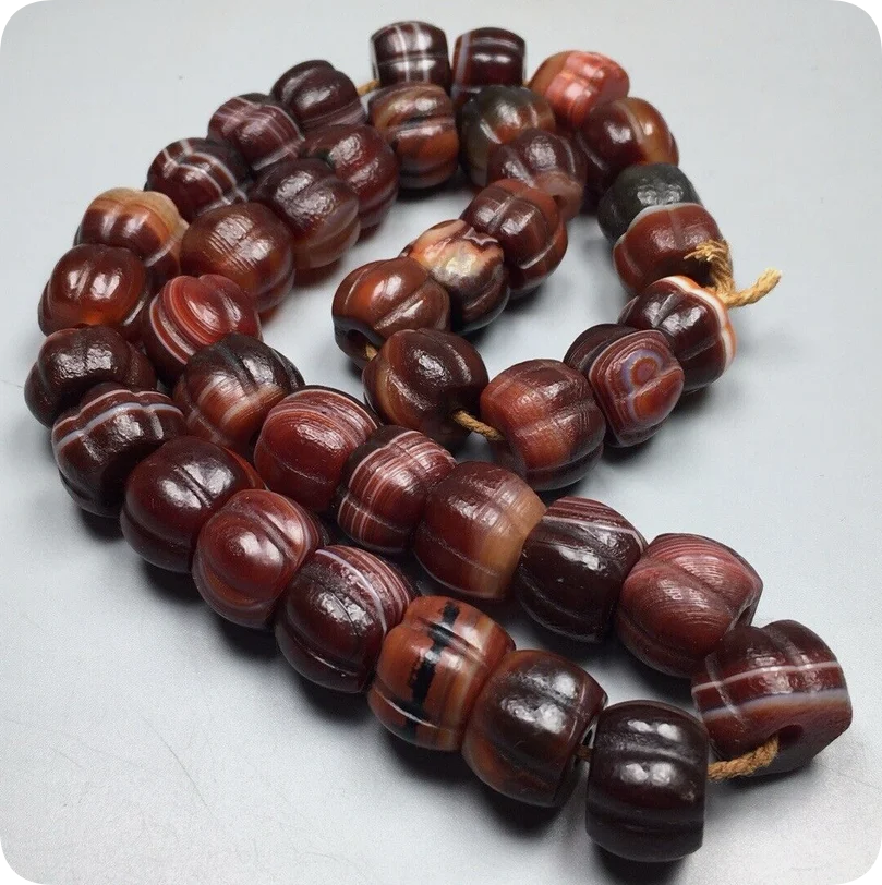 Tibetan Natural Oily Agate dZi Silkworm Pumpkin Beads Necklace S1104