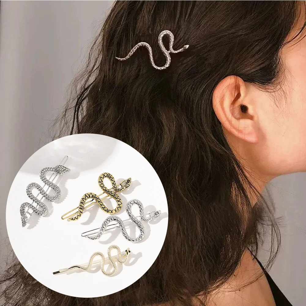 Haimeikang Snake-shaped Hair Clip Silver Golden Rhinestones Hairpin Girls Fashion Women Side Clip Bangs Clip Accessories