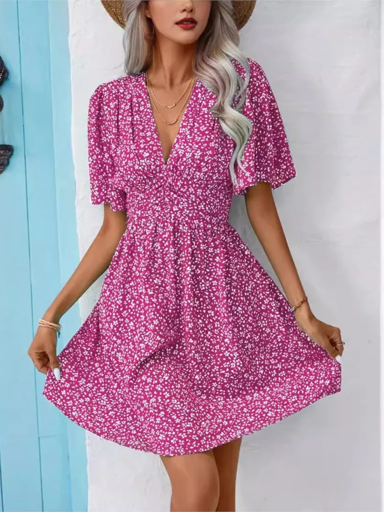 Seksowna mini sukienka z dekoltem w szpic i półrękawkiem z kwiatowym nadrukiem dla kobiet Letnia moda Casual Boho Resort Style Beach Dress Femme