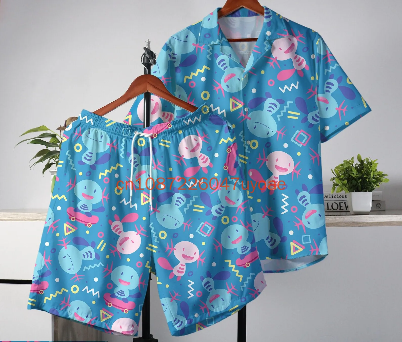 

Retro 90s Style Wooper Hawaiian Shirt and Shorts Set 3D Print Funny Matching Summer Outfit for Anime Fans Gamersand Beachwear
