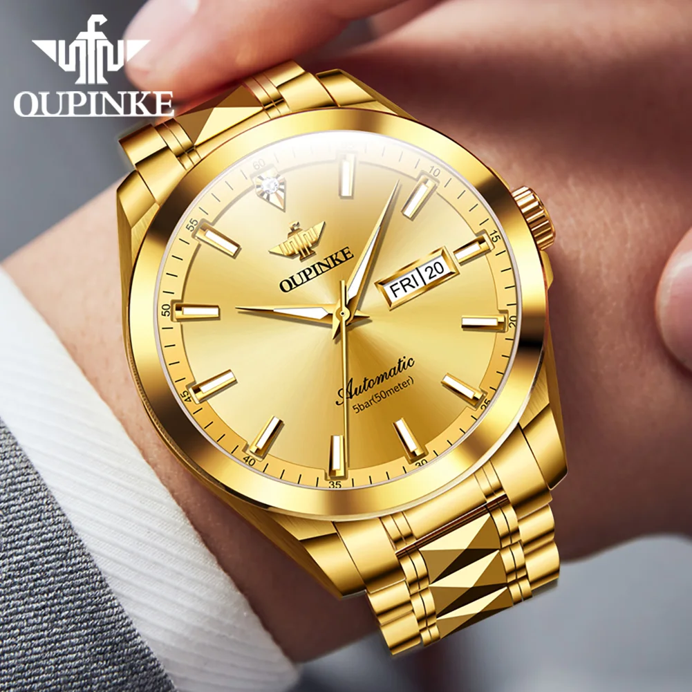 OUPINKE 3223 Real Diamond Automatic Watch for Men Sapphire Mirror Mechanical Wristwatch Luxury Top Brand Business Man Gold Watch