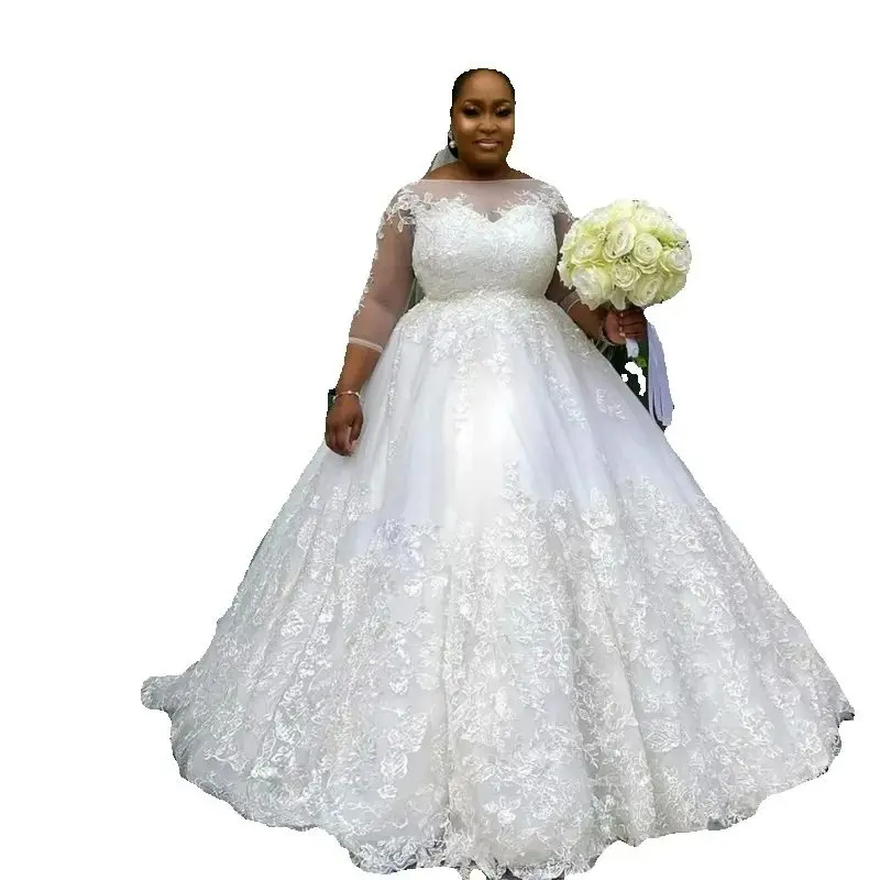 

Customized Scoop Neck Plus Size Lace Appliques Wedding Dress Vestidos De Novia 3/4 Full Sleeves African A-Line Bridal Gown